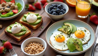 Wholesome breakfast tableau featuring eggs, avocado, fruits and nutritious snacks