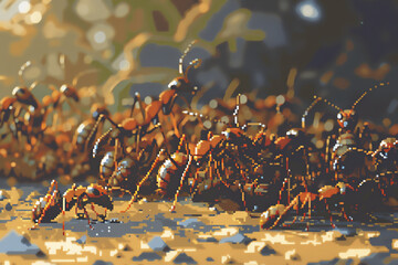 Visualize the busy hustle of a colony of ants through pixel art, using unexpected camera angles to highlight their teamwork Create a dynamic composition that captures their industrious nature in a new