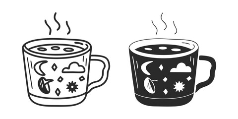 Digital illustration of a cartoon mug with handdrawn Scandinavian-style doodled tea and coffee cups, ideal for hot aroma beverages in restaurants or homes, paired with cooking dishes.