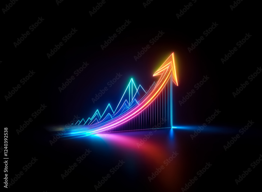 Poster vibrant neon arrow and graph ascend against a dark background, symbolizing growth and success. the i