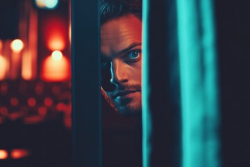 A Mysterious Figure Peeking Through a Slightly Parted Stage Curtain with Soft Lighting and a Blurred Audience Area in the Background Creating an Intriguing Atmosphere