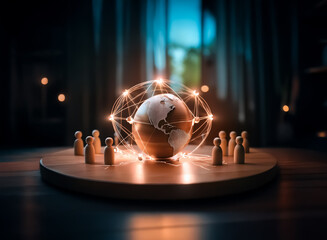A glowing earth model encircled by interconnected nodes and surrounded by small wooden figures on a circular platform, suggesting global connection and community.