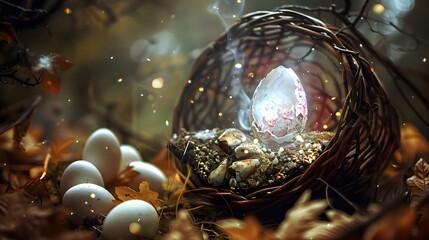 A basket of cracked eggshells with a shimmering portal to a fantasy world