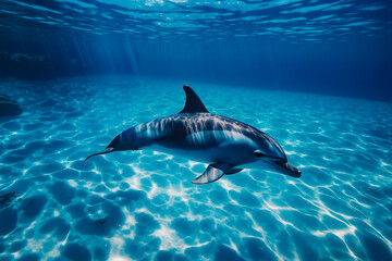 Naklejka premium A dolphin swimming in the ocean with sunlight shining through the water