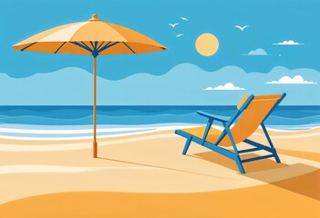 Vibrant beach scene with a sun umbrella and a lounge chair under a sunny sky