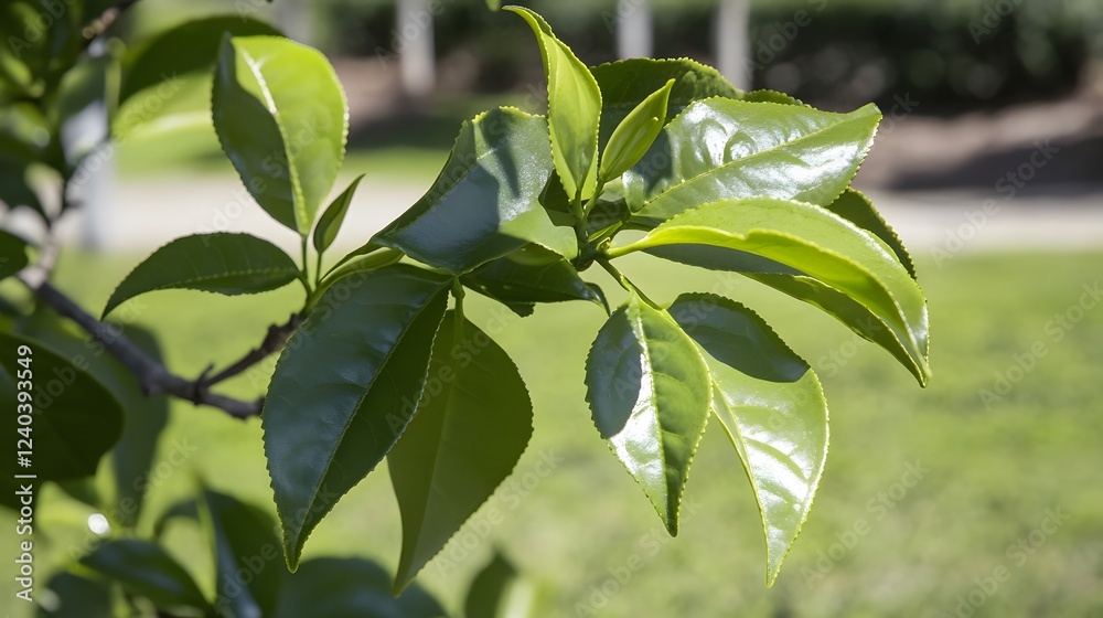 Poster Vibrant Green Leaves Branch Sunlight Closeup Nature Photography