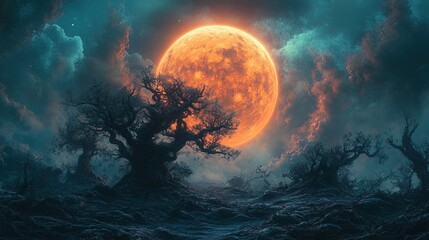 A surreal landscape with a giant, glowing moon rising over twisted, alien plants