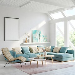 Frame mockup, ISO A paper size. Living room wall poster mockup. Interior mockup with house background. Modern interior design. 3D render