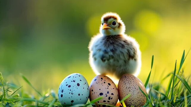 Adorable chick with speckled eggs in springtime light for easter design and celebration. Easter, Pascha, Paskha, Ostern, Pascua, Paques - Orthodox and Catholic Holiday celebration