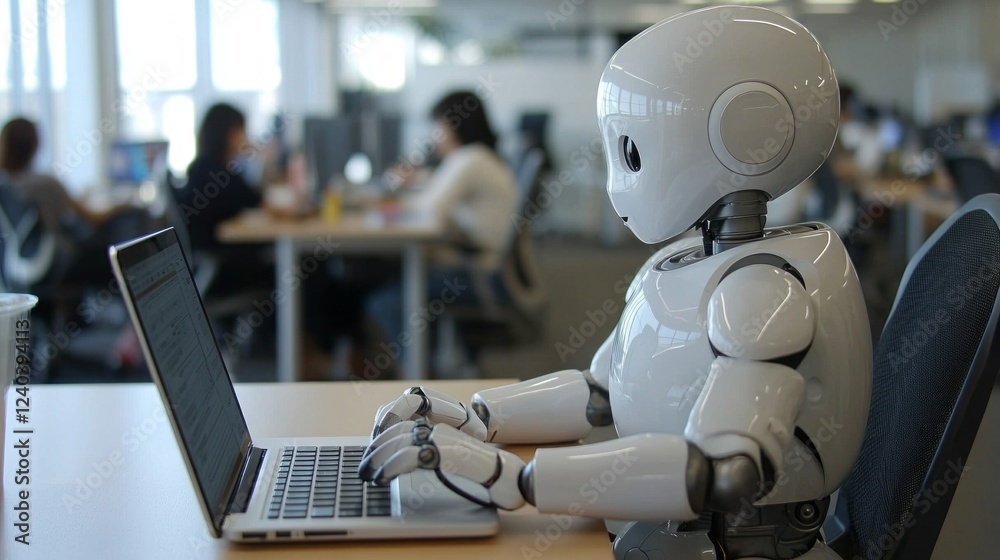 Poster a humanoid robot is focused on typing at a laptop in a lively office filled with people. the workspa