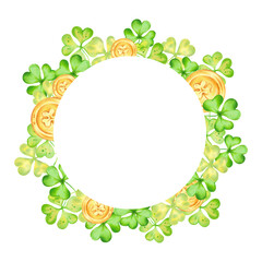 Naklejka premium Shamrock and four leaf clover with gold coins for St. Patrick's Day. Round frame. Watercolor illustrations. Hand drawn isolated art. Background with space for text. Sketch of luck, profit, success