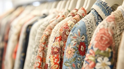 Fototapeta premium Exploring a Beautiful Display of Colorful Embroidered Textiles in an Artisan Boutique: A Showcase of Craftsmanship and Unique Fashion Choices