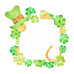 Naklejka premium Clover leaf with gold coins, horseshoe and leprechaun top hat for St. Patrick's Day. Square frame with copy space. Watercolor illustrations. Hand drawn isolated art. Sketch of luck, profit, succes