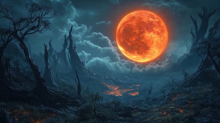 A surreal landscape with a giant, glowing moon rising over twisted, alien plants