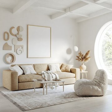 Frame mockup, ISO A paper size. Living room wall poster mockup. Interior mockup with house background. Modern interior design. 3D render