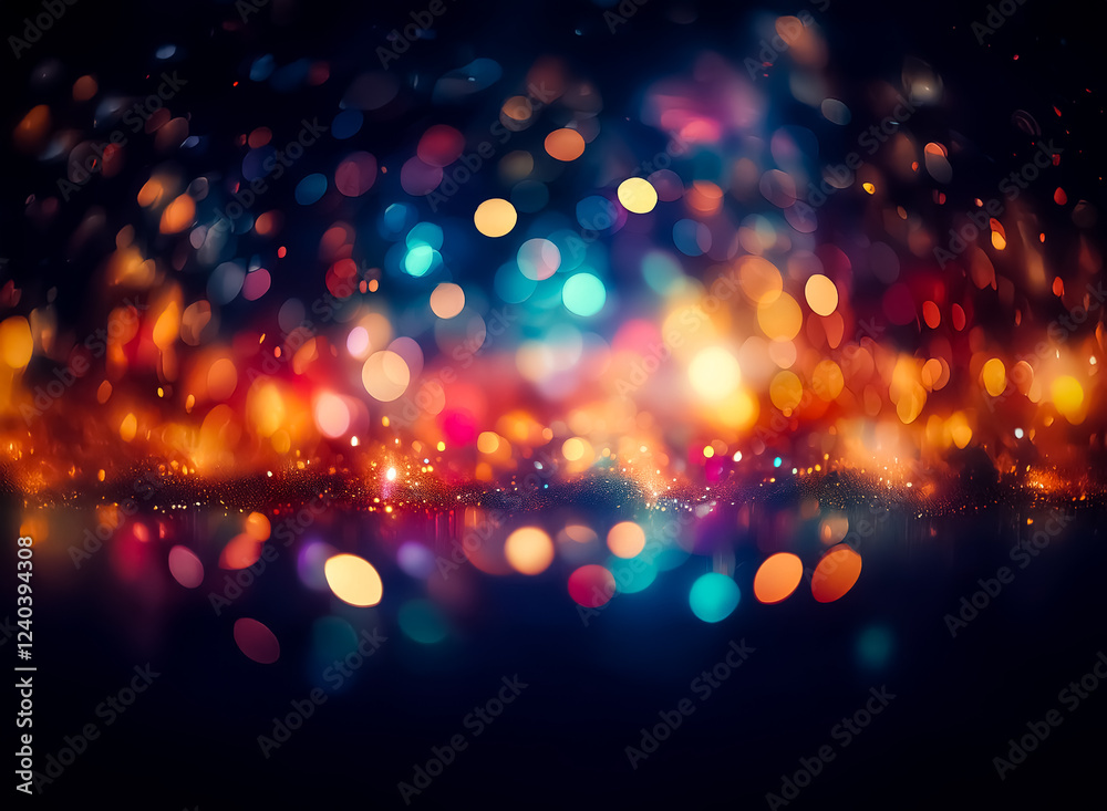 Poster vibrant, multicolored bokeh lights illuminate a dark background, creating a festive and magical atmo