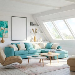 Frame mockup, ISO A paper size. Living room wall poster mockup. Interior mockup with house background. Modern interior design. 3D render