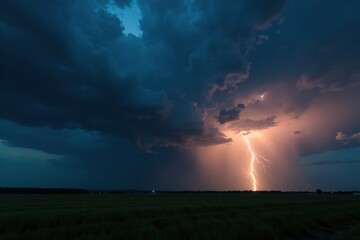 Obraz premium Dark clouds gather over a vast landscape with lightning illuminating the sky, gloomy, shadows, clouds