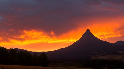 Obraz premium Fiery Sunset Over Majestic Mountain Peak