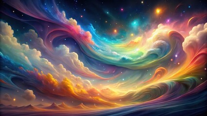 Whimsical Celestial Canvas A Dreamlike Landscape of Swirling Clouds and Vibrant Nebulae Under a Starry Sky