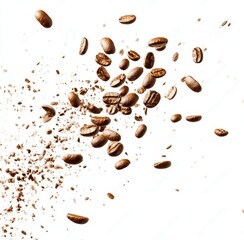 Obraz premium Roasted coffee beans and grounds explode on white