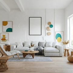 Frame mockup, ISO A paper size. Living room wall poster mockup. Interior mockup with house background. Modern interior design. 3D render