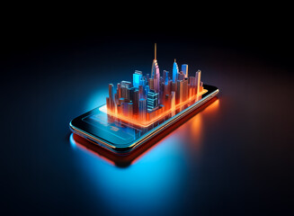 A futuristic cityscape miniature sits atop a smartphone, glowing with vibrant orange and blue light.  The scene suggests technological advancement and urban connectivity.