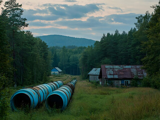 Obraz premium Forest pipeline sunset rural scene