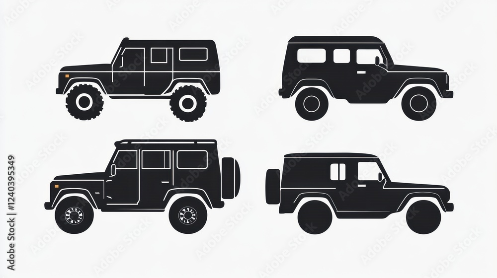 Aufkleber Silhouette icons of various auto vehicles displayed in a clean design showing multiple perspectives and styles. Generative AI