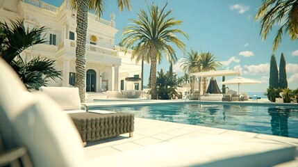 Fototapeta premium Luxury villa poolside relaxation, ocean view