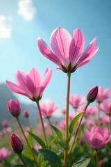 Fototapeta premium delicate pink centaurium erythraea flowers against light sky, natural world, bloom