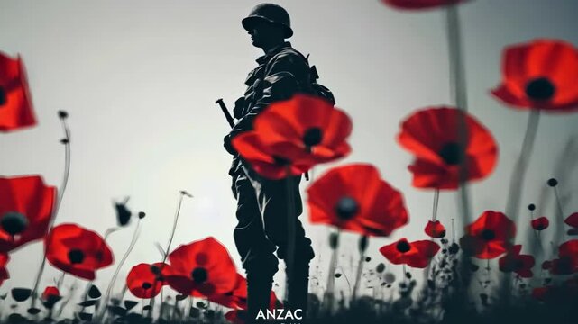 Silhouette of soldier among red poppies on anzac day Happy ANZAC Day, Lest We Forget