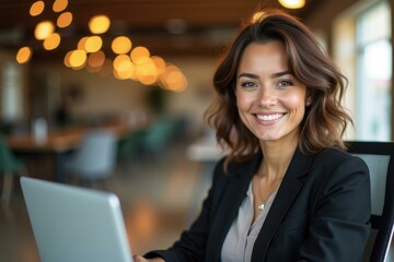 Smiling young brunette woman in black blazer working on laptop indoors, modern office environment, business professional, productivity, remote work, natural lighting, positive mood, casual confident