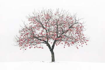 Obraz premium Majestic Apple Tree in Full Bloom: A Realistic Photograph of a Complete Apple Tree, Branches Reaching Skyward, Lush Green Foliage, Ripe Red Apples Hanging Heavy, Sunlight Dappling Through Leaves, 