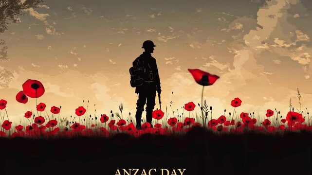 Anzac day tribute with soldier silhouette and poppies at sunset Happy ANZAC Day, Lest We Forget
