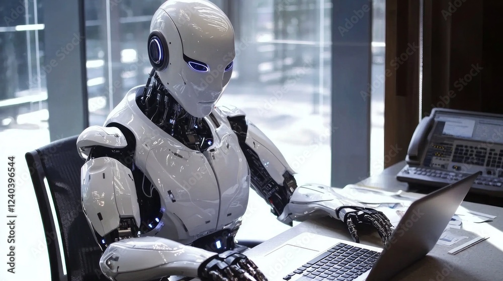 Poster a humanoid robot with sleek metallic features is focused on a laptop, immersed in digital tasks