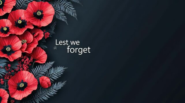 Red poppies on dark background with lest we forget text Happy ANZAC Day, Lest We Forget