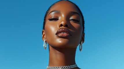With a bold expression and impeccable style, a young model showcases her beauty against the backdrop of a clear blue sky, complemented by striking jewelry pieces