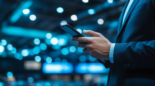 Man types on phone, event hall lights background