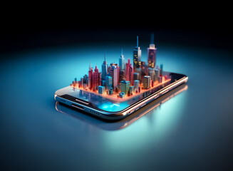 Fototapeta premium A vibrant, miniature cityscape rests on a sleek smartphone, illuminated by a soft blue glow. This captivating image symbolizes the power of mobile technology and connectivity in the modern world.