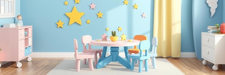 Obraz premium Kids living room with round side table against blue wall with stars background, colorful, round table, decor