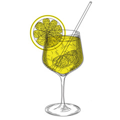 Vector illustration of Spritz limoncello cocktail in sketch style. Hand drawn line art for menu and recipes. Colored engraving of traditional italian aperitif.