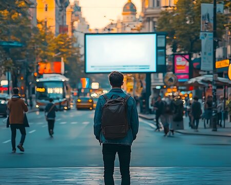 Customizable billboard mockup an urban setting with people and traffic in the background