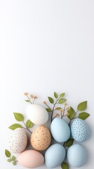 Fototapeta premium Colorful Easter Eggs with Leaves and Flowers on White Background