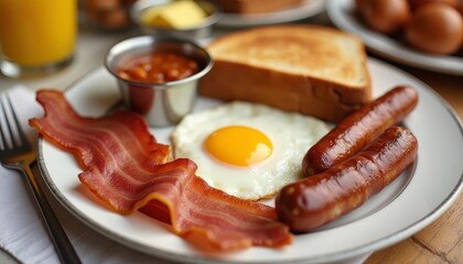 Classic hearty breakfast plate with bacon, eggs, sausage and sides