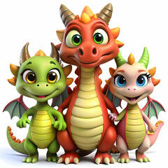 Obraz premium Adorable 3D Cartoon Dragon Family Clipart for Sublimation