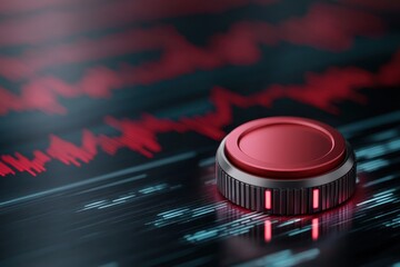 A close-up image of a red knob on a dark surface with vibrant soundwave patterns, evoking a sense of audio control or music production.