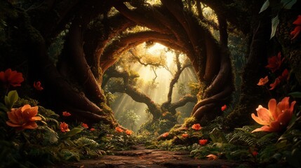 Fototapeta premium A Magical Forest Pathway Surrounded by Lush Greenery and Vibrant Flowers, Bathed in Golden Sunlight Shining Through the Dense Tree Canopy