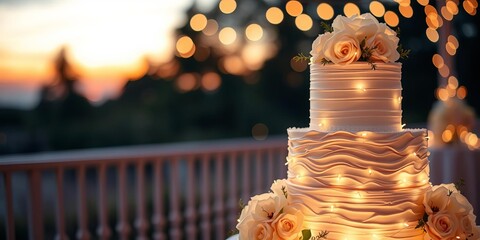 Elegant three tier wedding cake with white icing and flowers against sunset backdrop with fairy lights, dessert, glowing, elegant