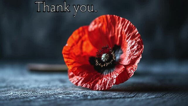 Vivid red poppy with thank you text on dark background Happy ANZAC Day, Lest We Forget